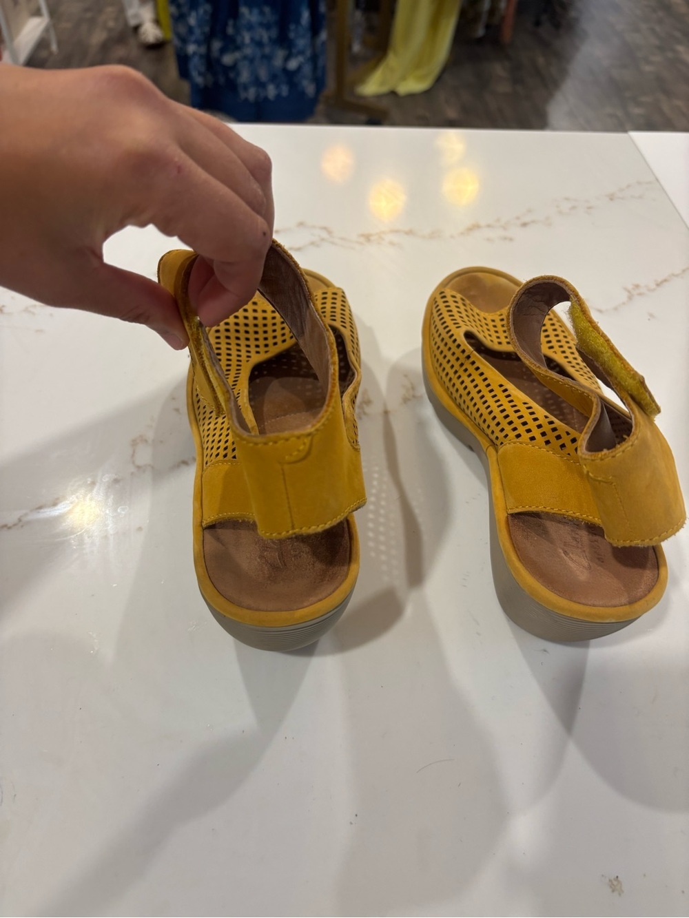 Clarks Mustard Yellow Perforated Wedge Sandals - Picture 4 of 4